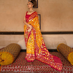 Mustard Ikkat Printed-Woven Patola Art Silk Saree - Peachmode