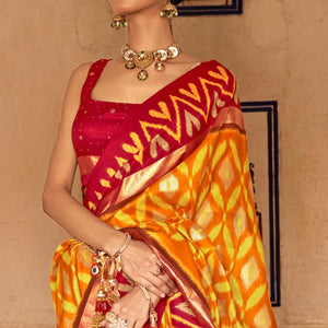 Mustard Ikkat Printed-Woven Patola Art Silk Saree - Peachmode