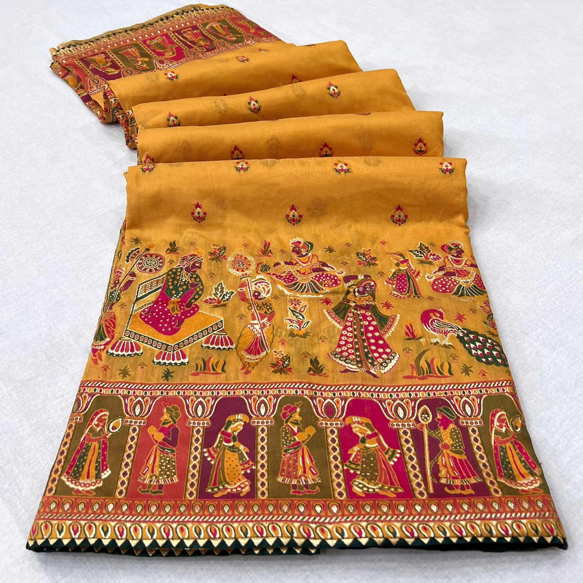 Mustard Kalamkari Woven Chanderi Saree - Peachmode