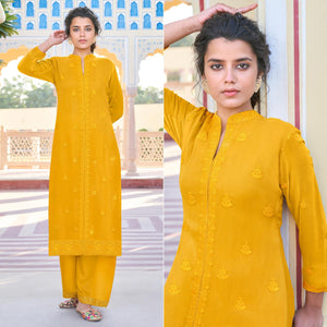 Mustard Lucknowi Embroidered Georgette Kurti Palazzo Set - Peachmode