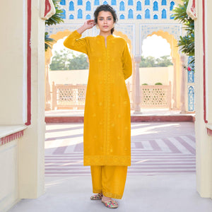 Mustard Lucknowi Embroidered Georgette Kurti Palazzo Set - Peachmode