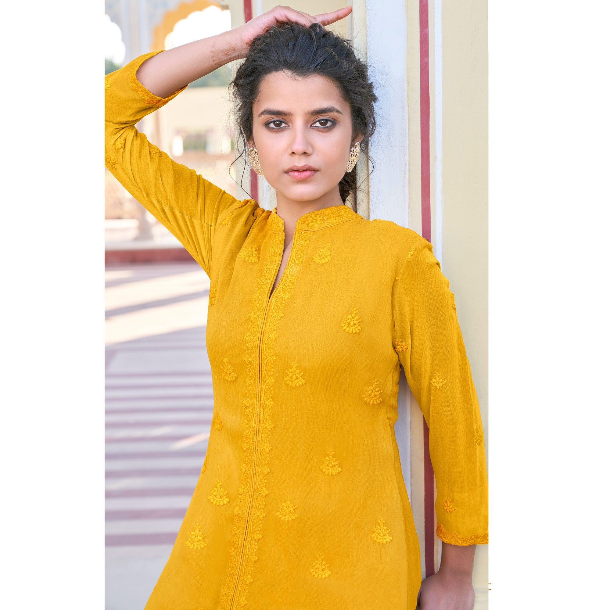 Mustard Lucknowi Embroidered Georgette Kurti Palazzo Set - Peachmode