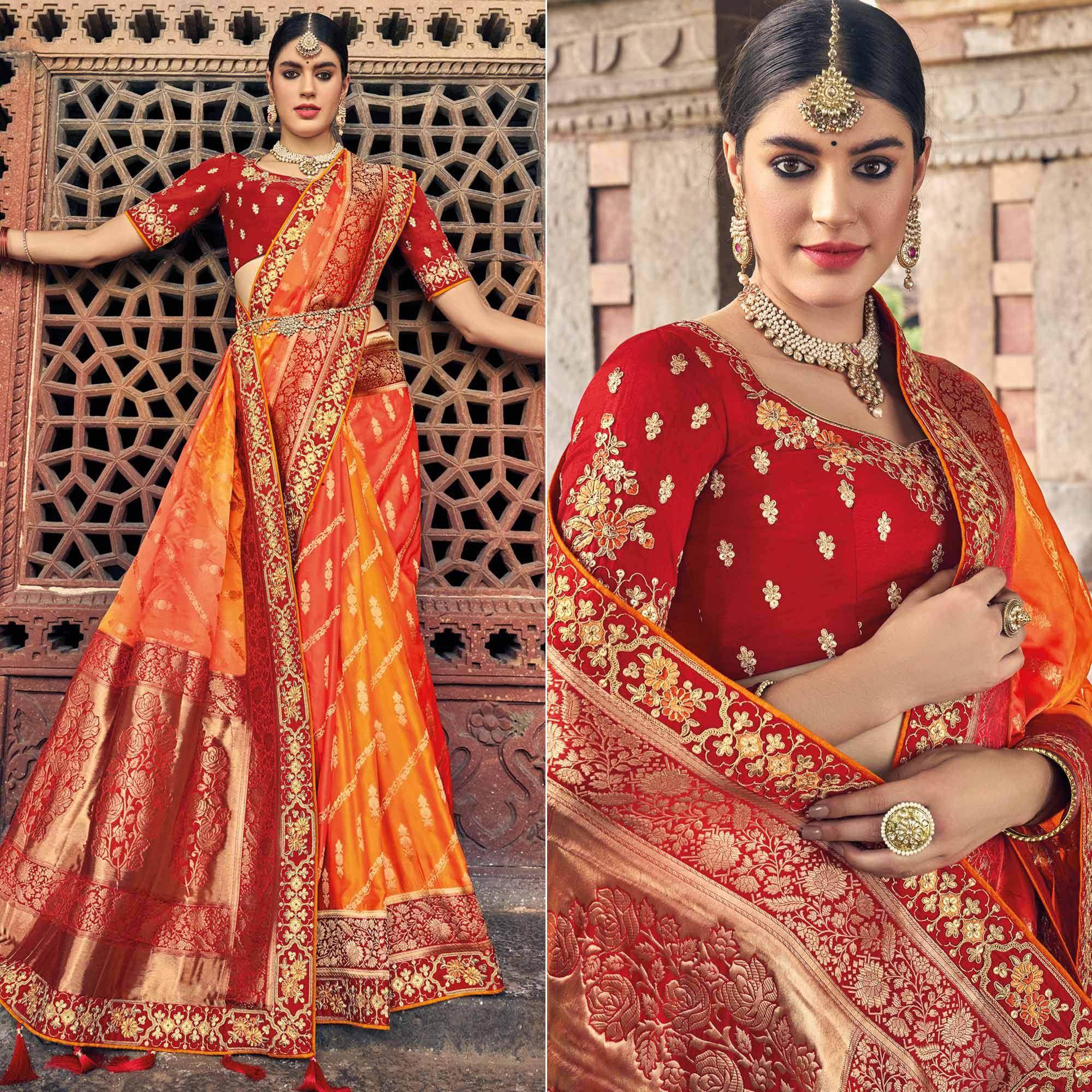 Mustard-Orange Woven Banarasi Silk Saree With Tassels - Peachmode