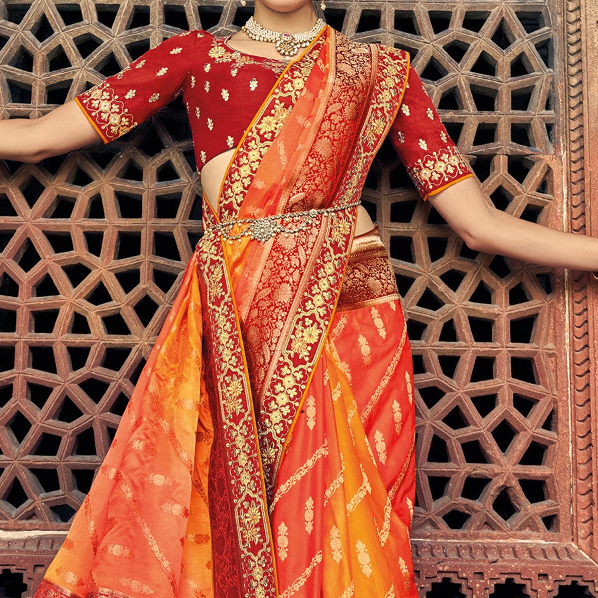 Mustard-Orange Woven Banarasi Silk Saree With Tassels - Peachmode