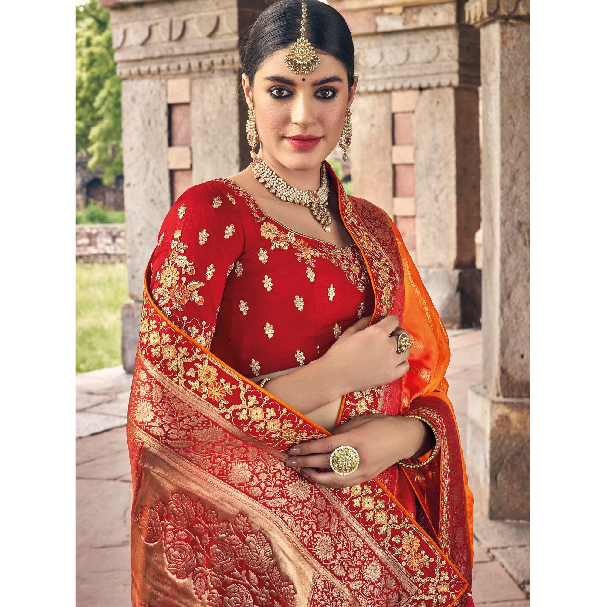 Mustard-Orange Woven Banarasi Silk Saree With Tassels - Peachmode