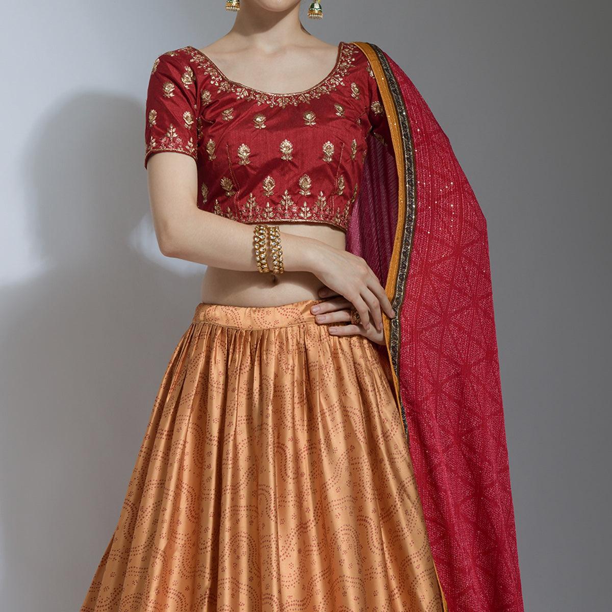 Mustard Party Wear Embroidered Satin Lehenga Choli - Peachmode