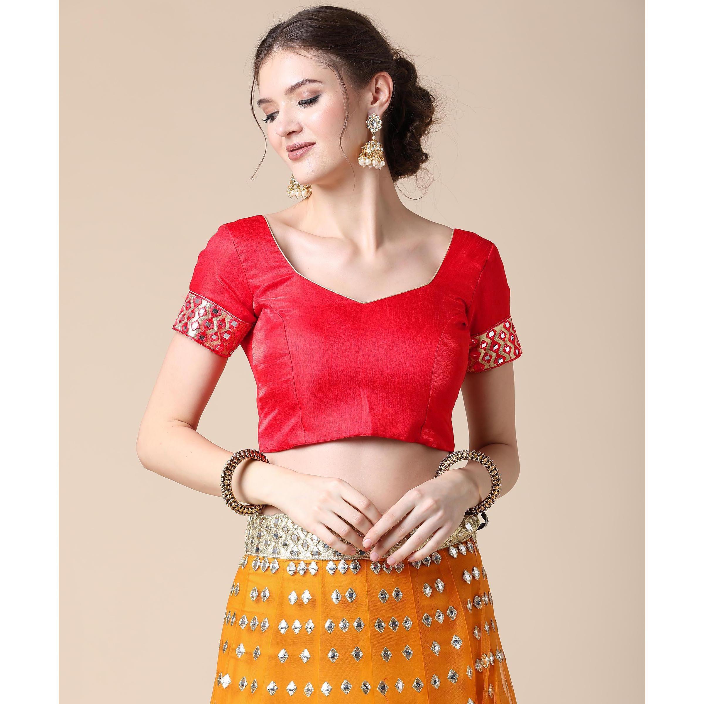 Mustard Partywear Embroidered & Mirror Work Heavy Soft Net Lehenga - Peachmode