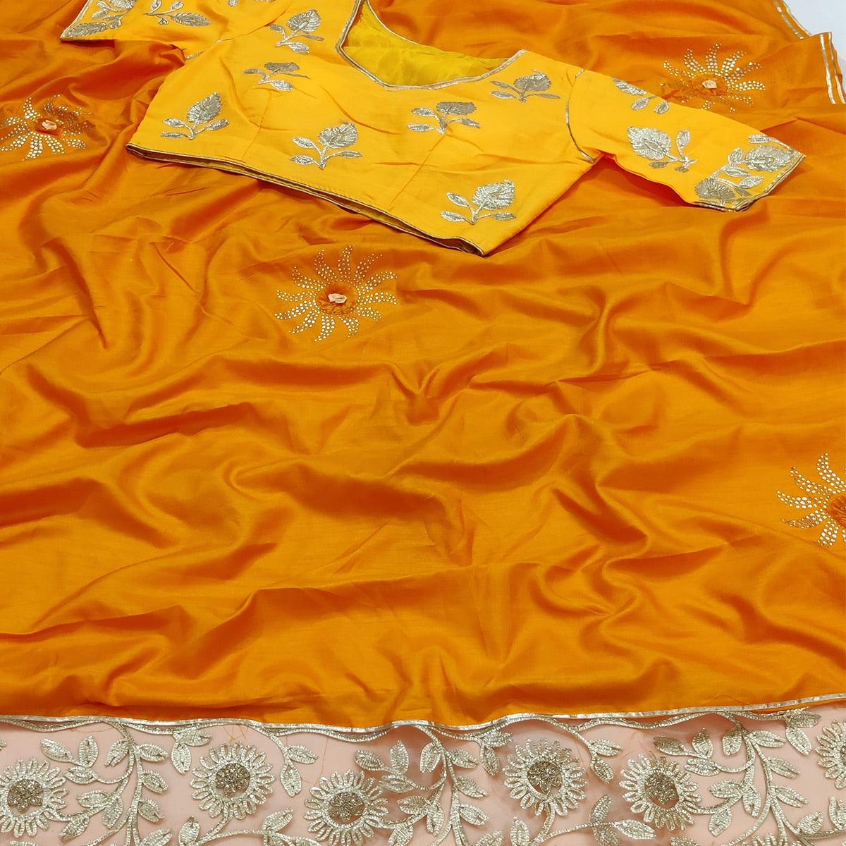 Mustard Partywear Embroidered Heavy Dola Silk Saree - Peachmode