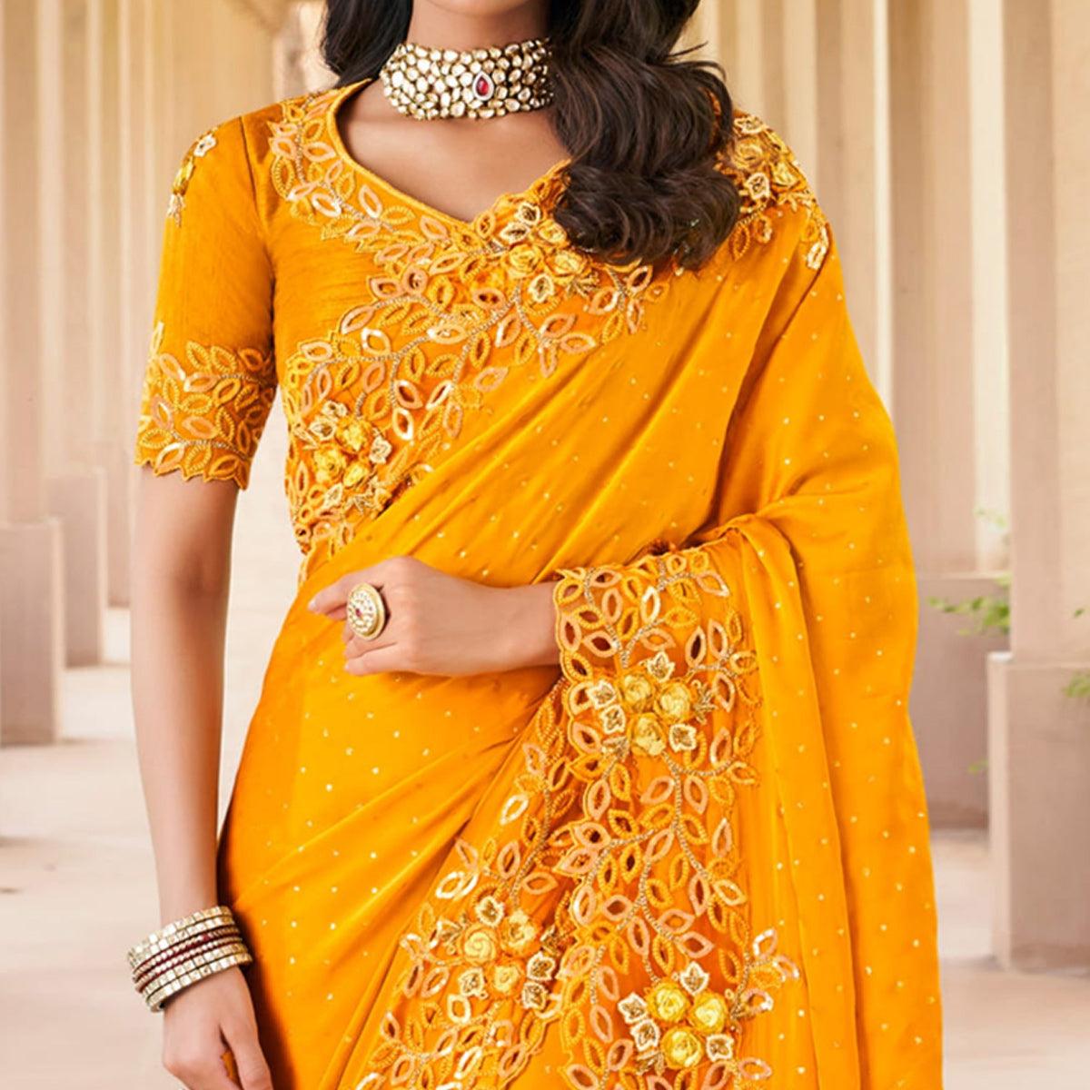 Mustard Partywear Foil & Embroidered Cut Natural Satin Saree - Peachmode