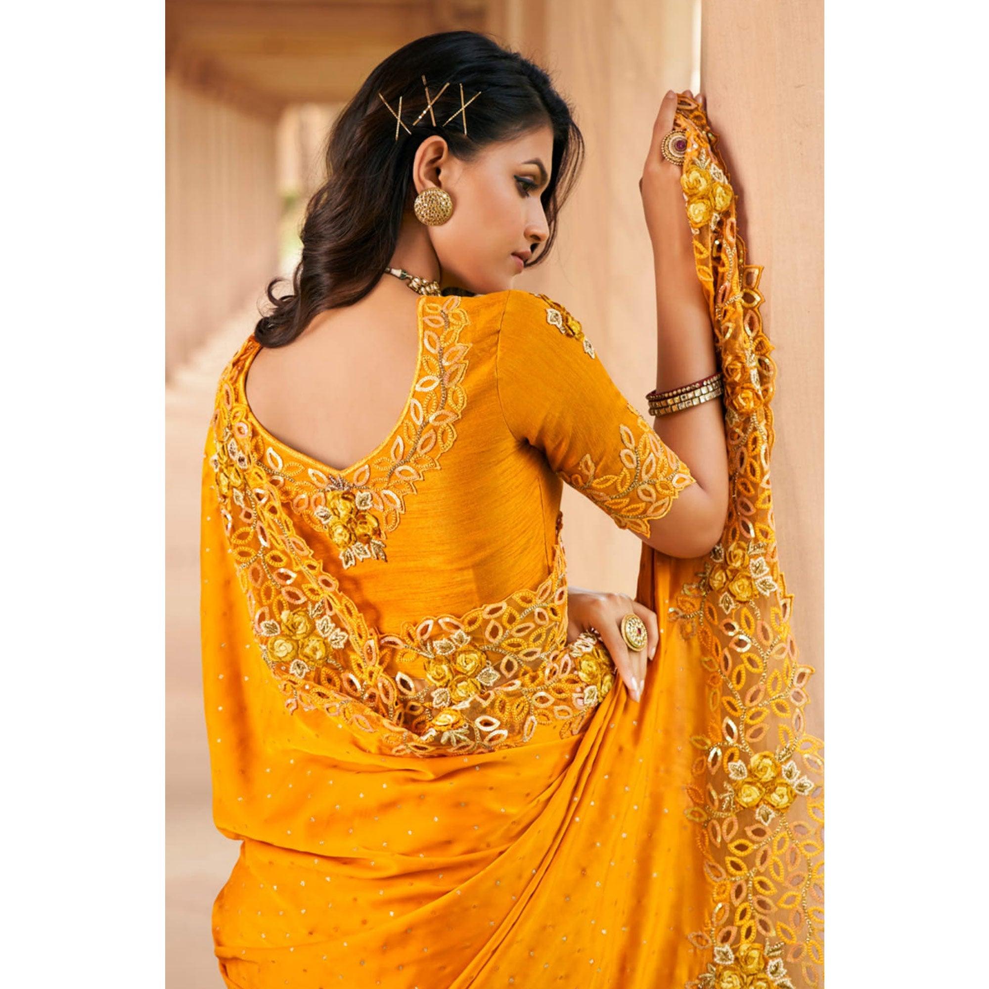 Mustard Partywear Foil & Embroidered Cut Natural Satin Saree - Peachmode