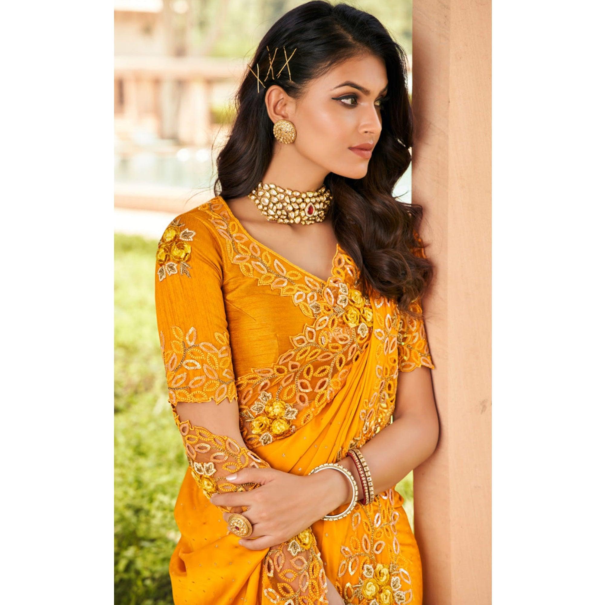 Mustard Partywear Foil & Embroidered Cut Natural Satin Saree - Peachmode