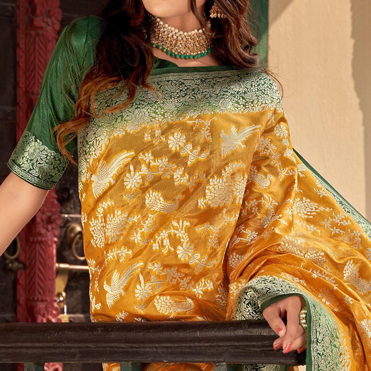 Mustard Partywear Foil Printed Silk Organza Saree - Peachmode