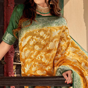 Mustard Partywear Foil Printed Silk Organza Saree - Peachmode