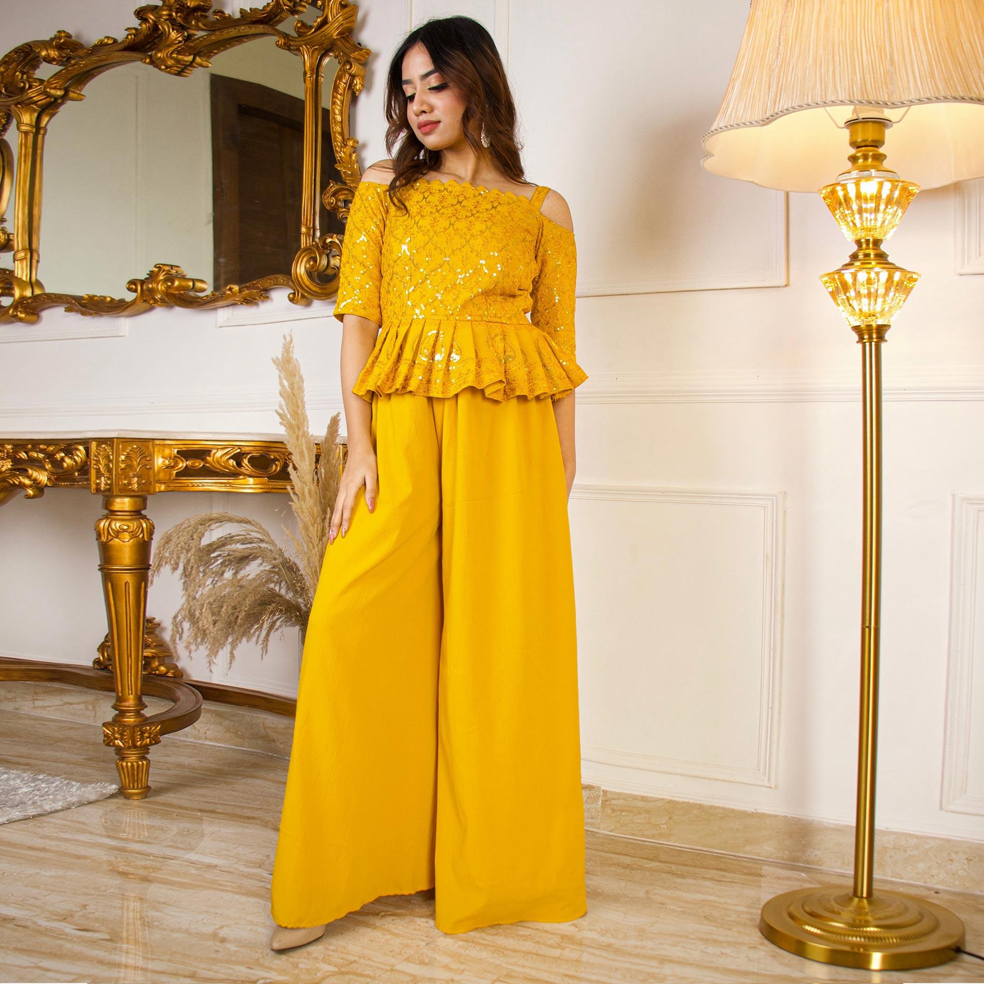 Mustard Partywear Sequence Embroidered Georgette Sharara Suit - Peachmode