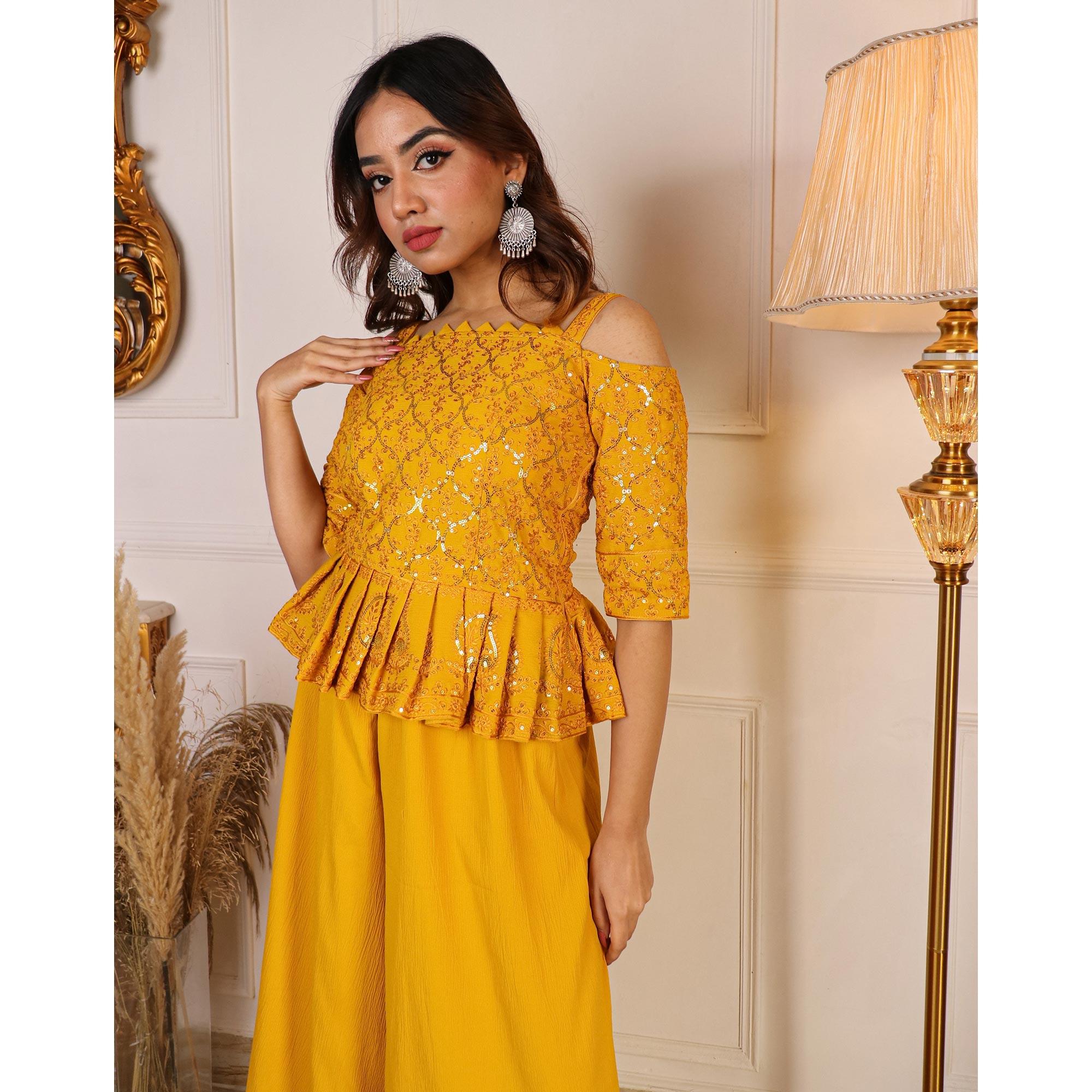 Mustard Partywear Sequence Embroidered Georgette Sharara Suit - Peachmode