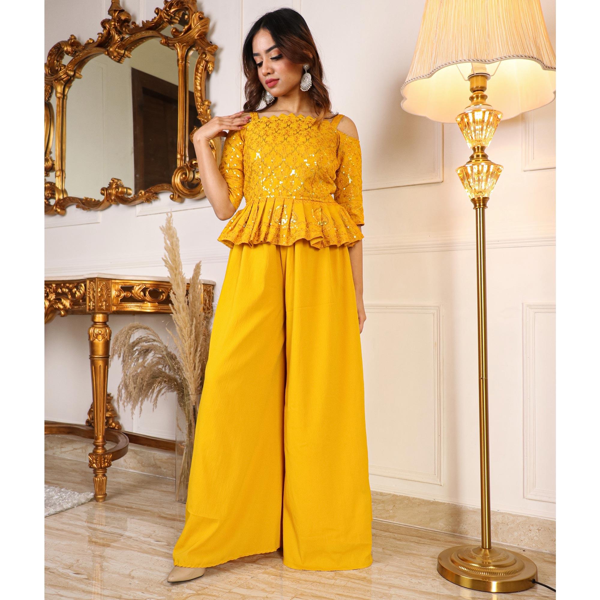 Mustard Partywear Sequence Embroidered Georgette Sharara Suit - Peachmode