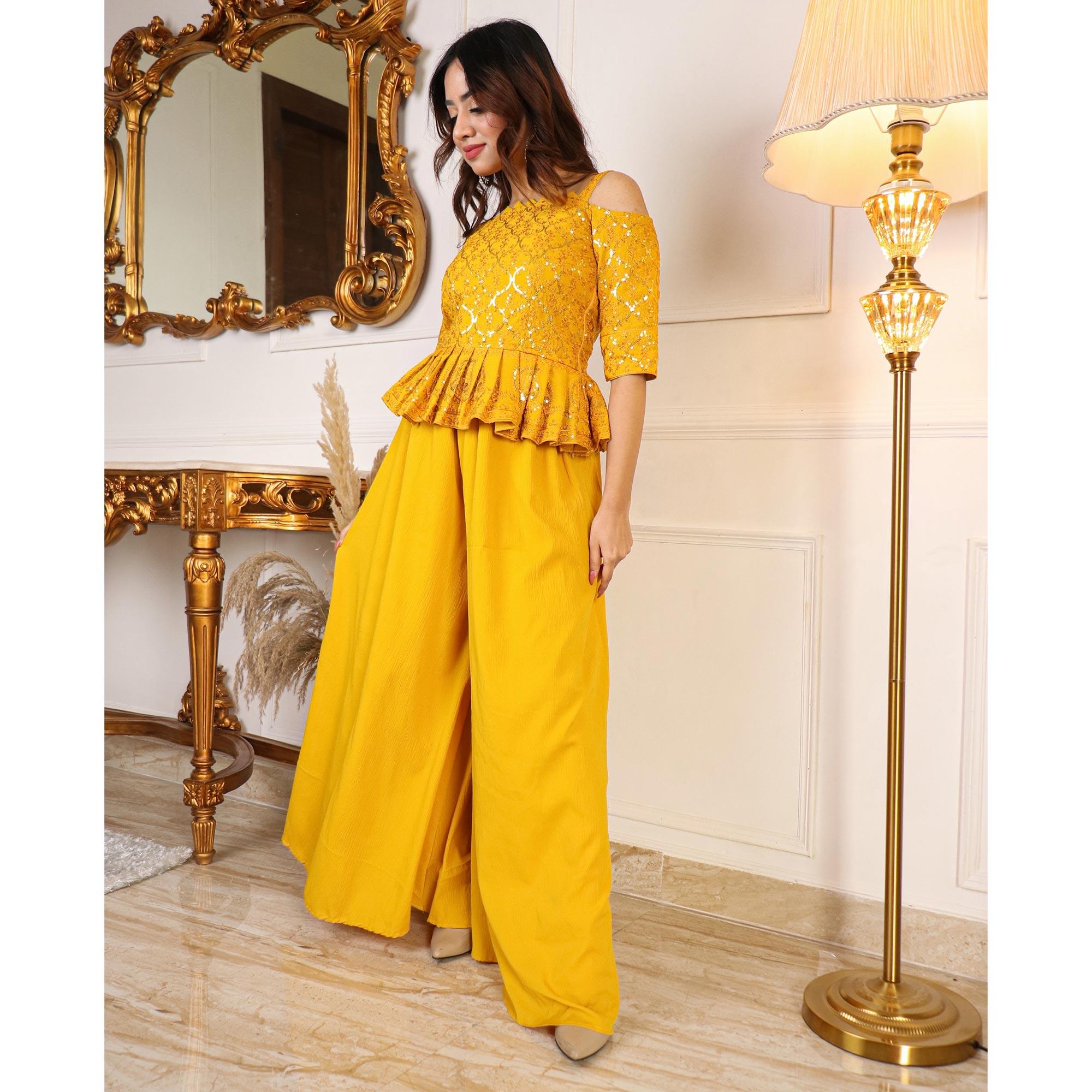 Mustard Partywear Sequence Embroidered Georgette Sharara Suit - Peachmode