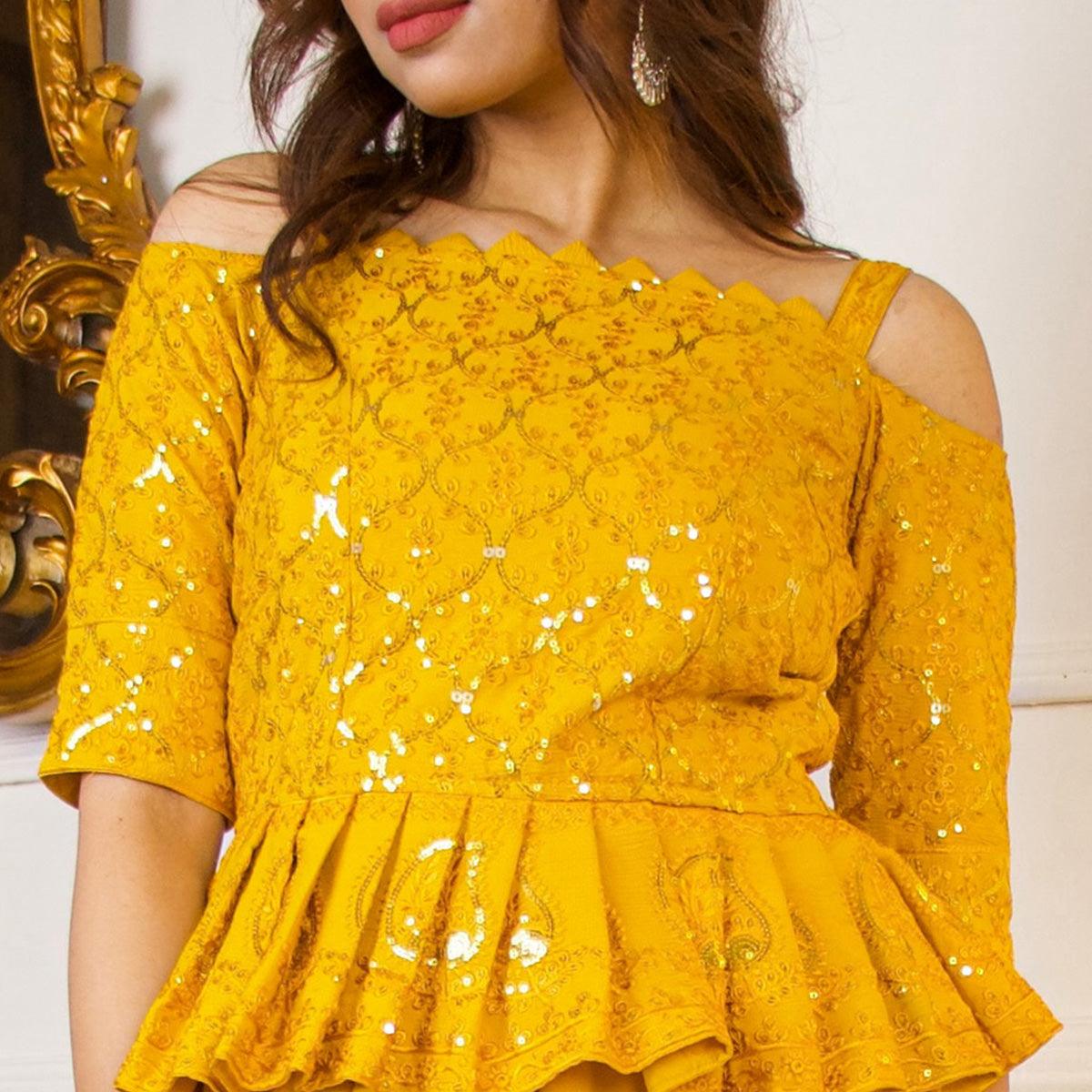 Mustard Partywear Sequence Embroidered Georgette Sharara Suit - Peachmode