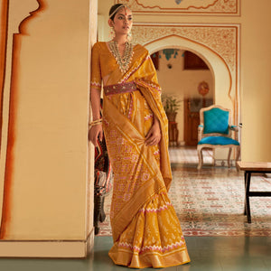 Mustard Patola Printed Art Silk Saree - Peachmode