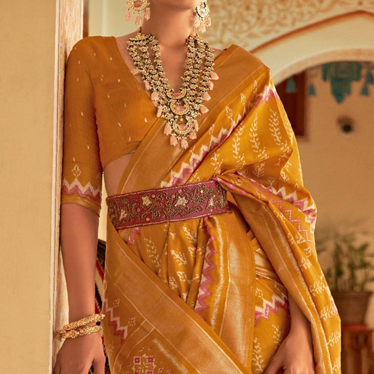 Mustard Patola Printed Art Silk Saree - Peachmode