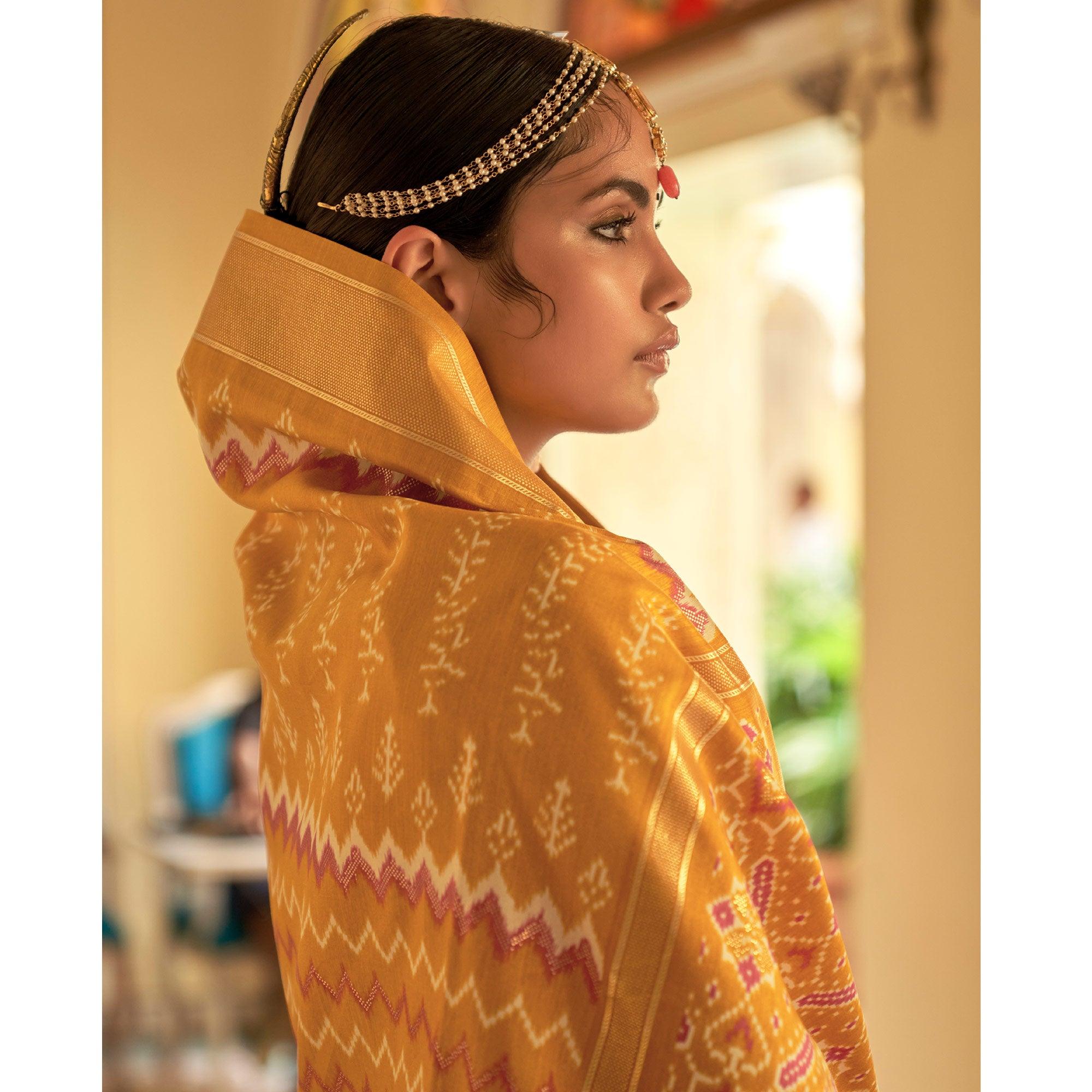 Mustard Patola Printed Art Silk Saree - Peachmode