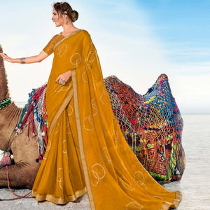 Mustard Printed Chiffon Saree - Peachmode