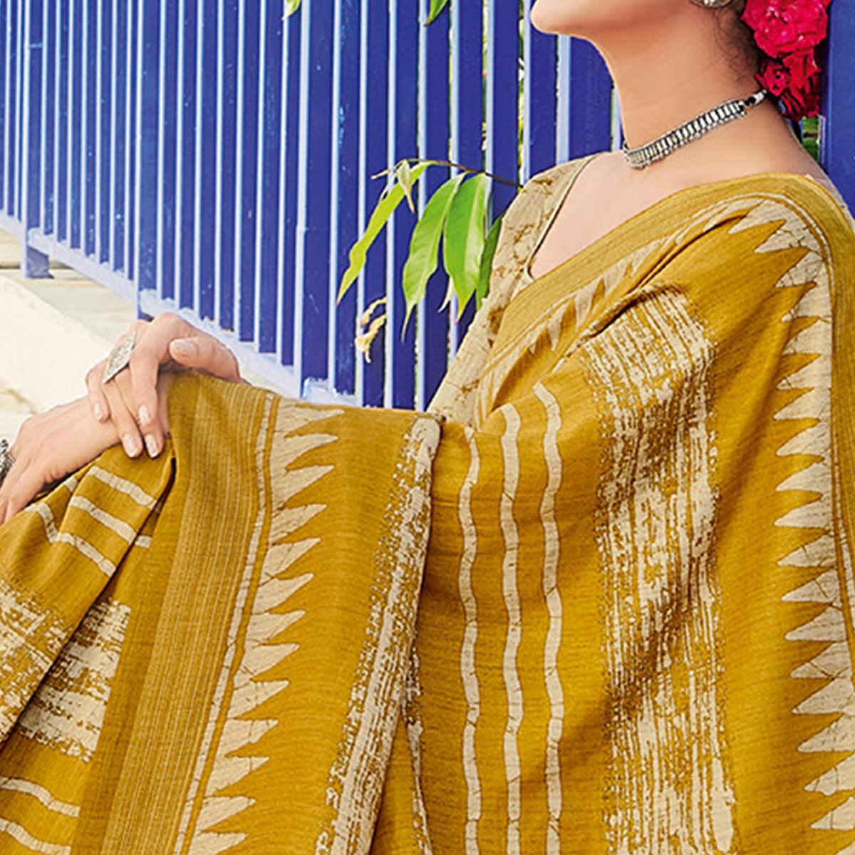 Mustard Printed Cotton Silk Saree - Peachmode