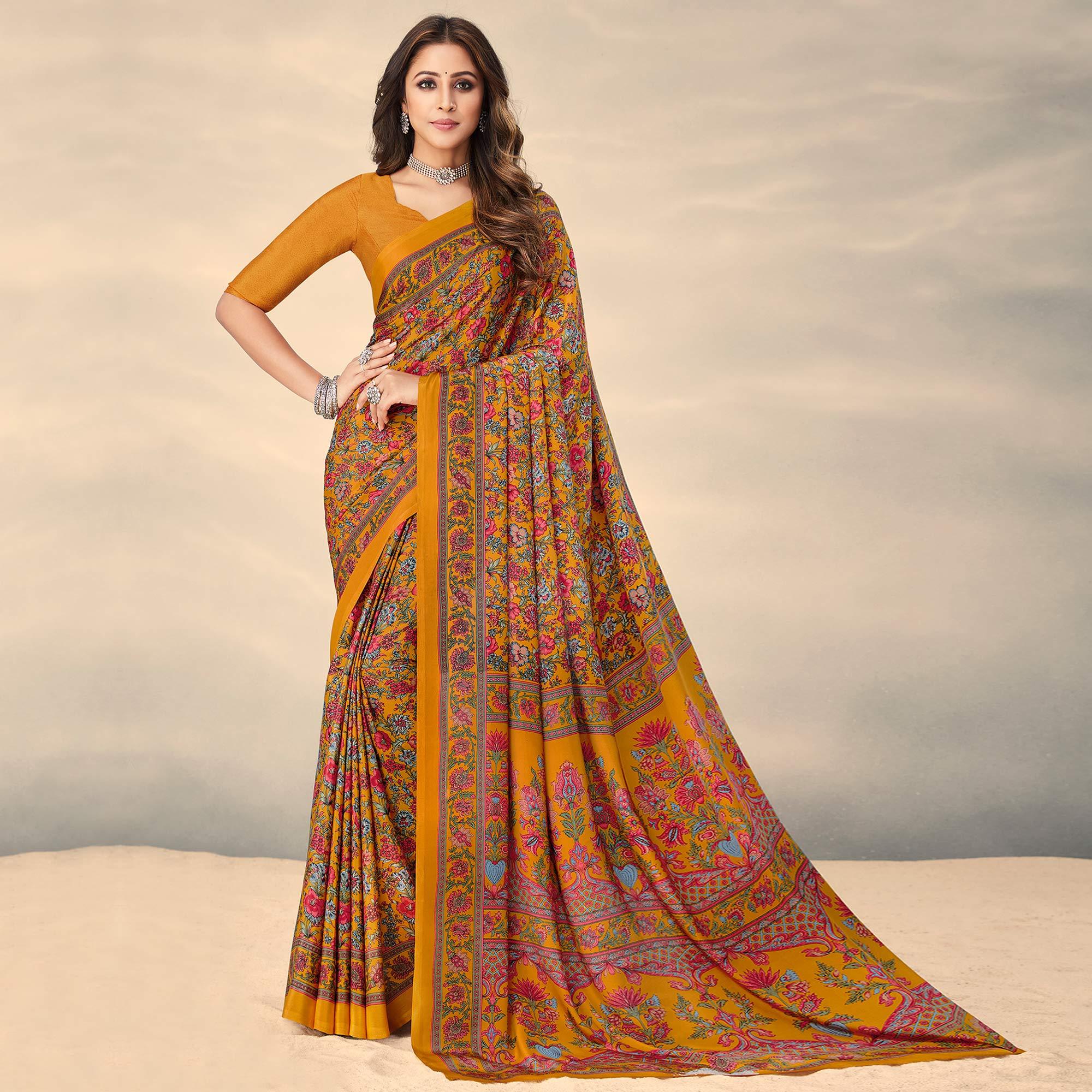 Mustard Printed Crepe Saree - Peachmode