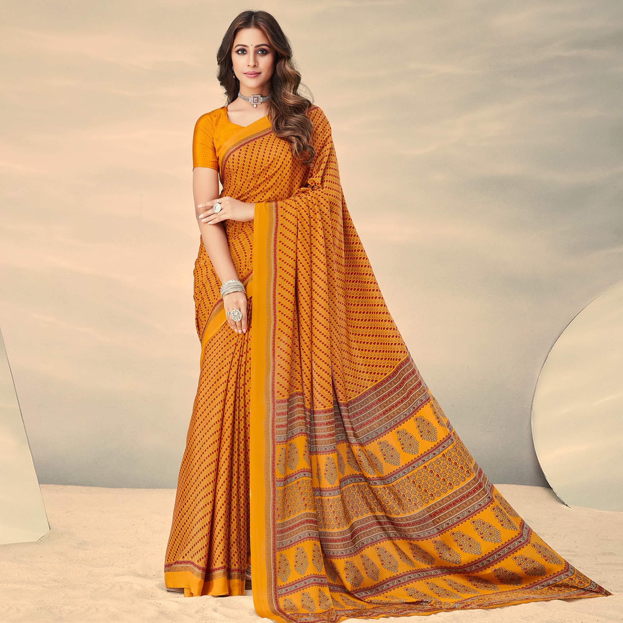 Mustard Printed Crepe Saree - Peachmode