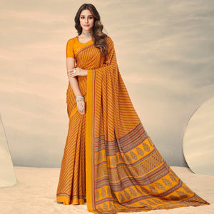 Mustard Printed Crepe Saree - Peachmode