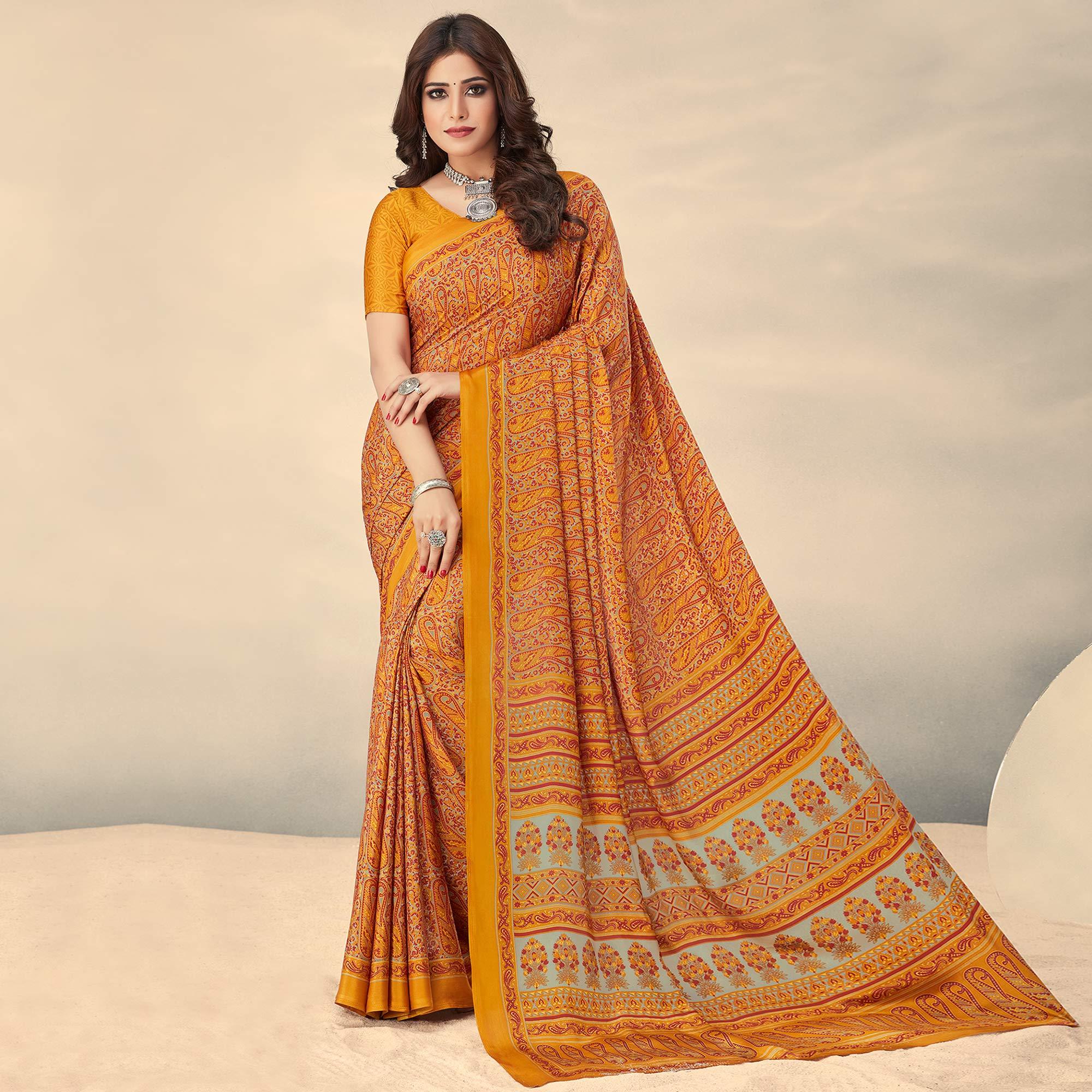 Mustard Printed Crepe Saree - Peachmode