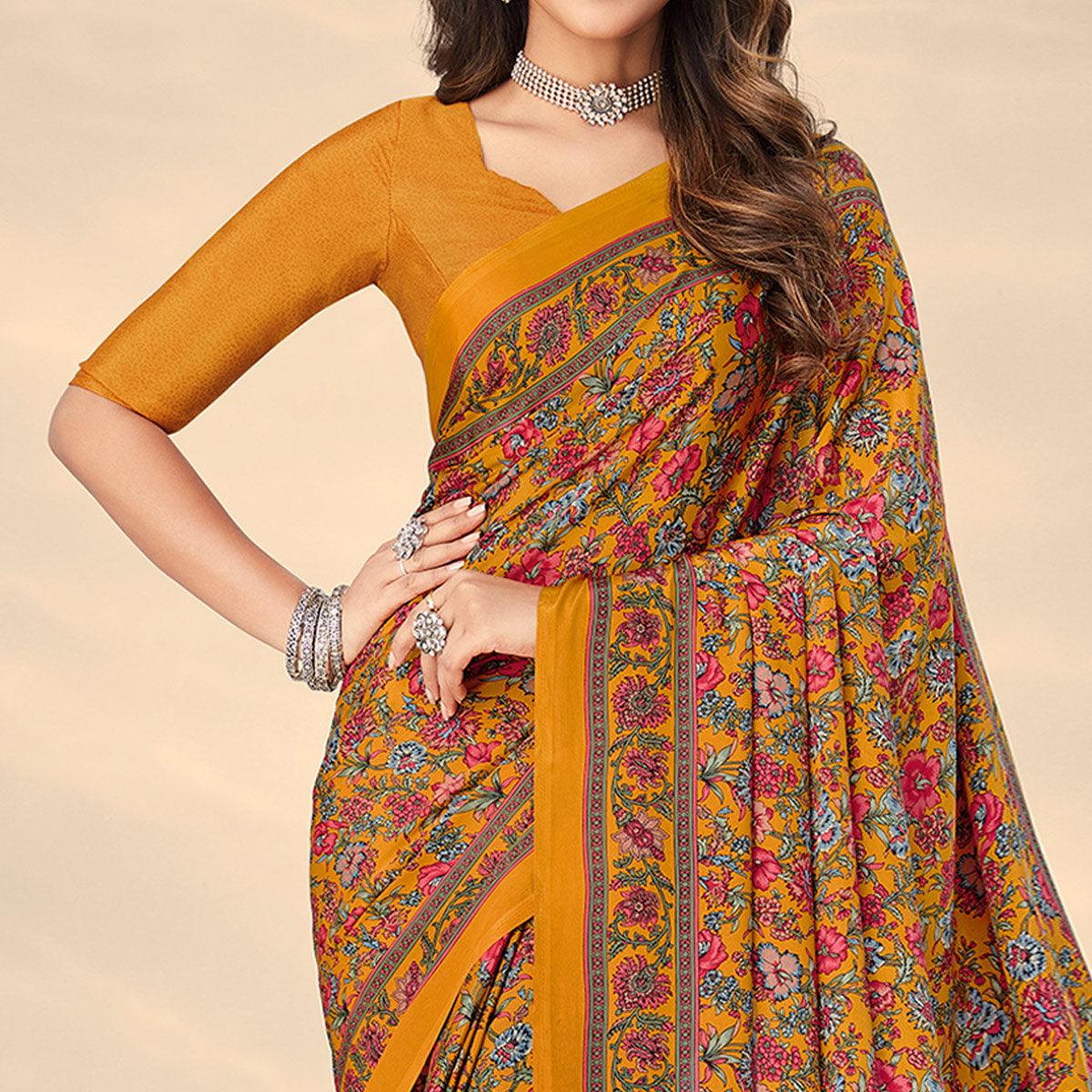 Mustard Printed Crepe Saree - Peachmode