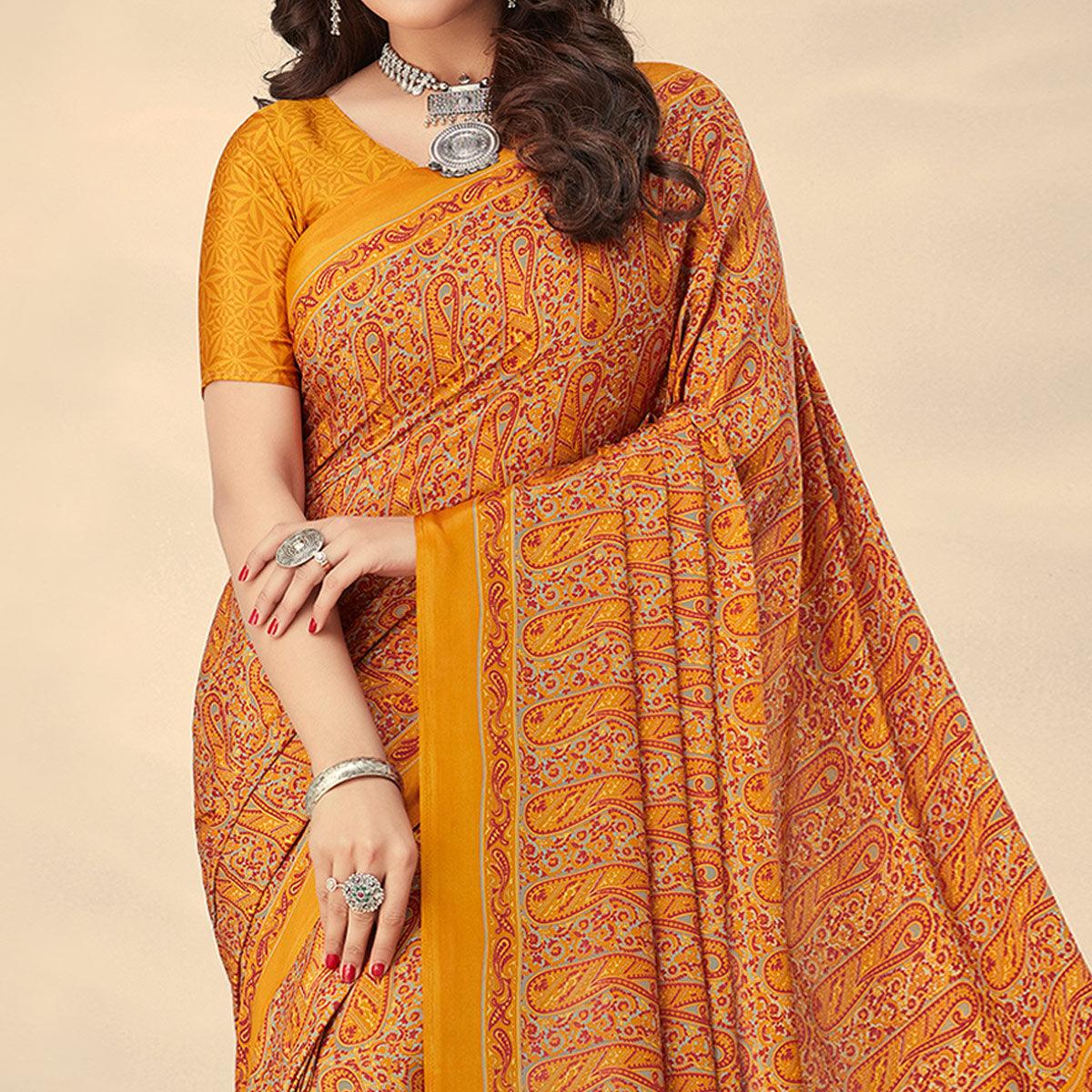 Mustard Printed Crepe Saree - Peachmode