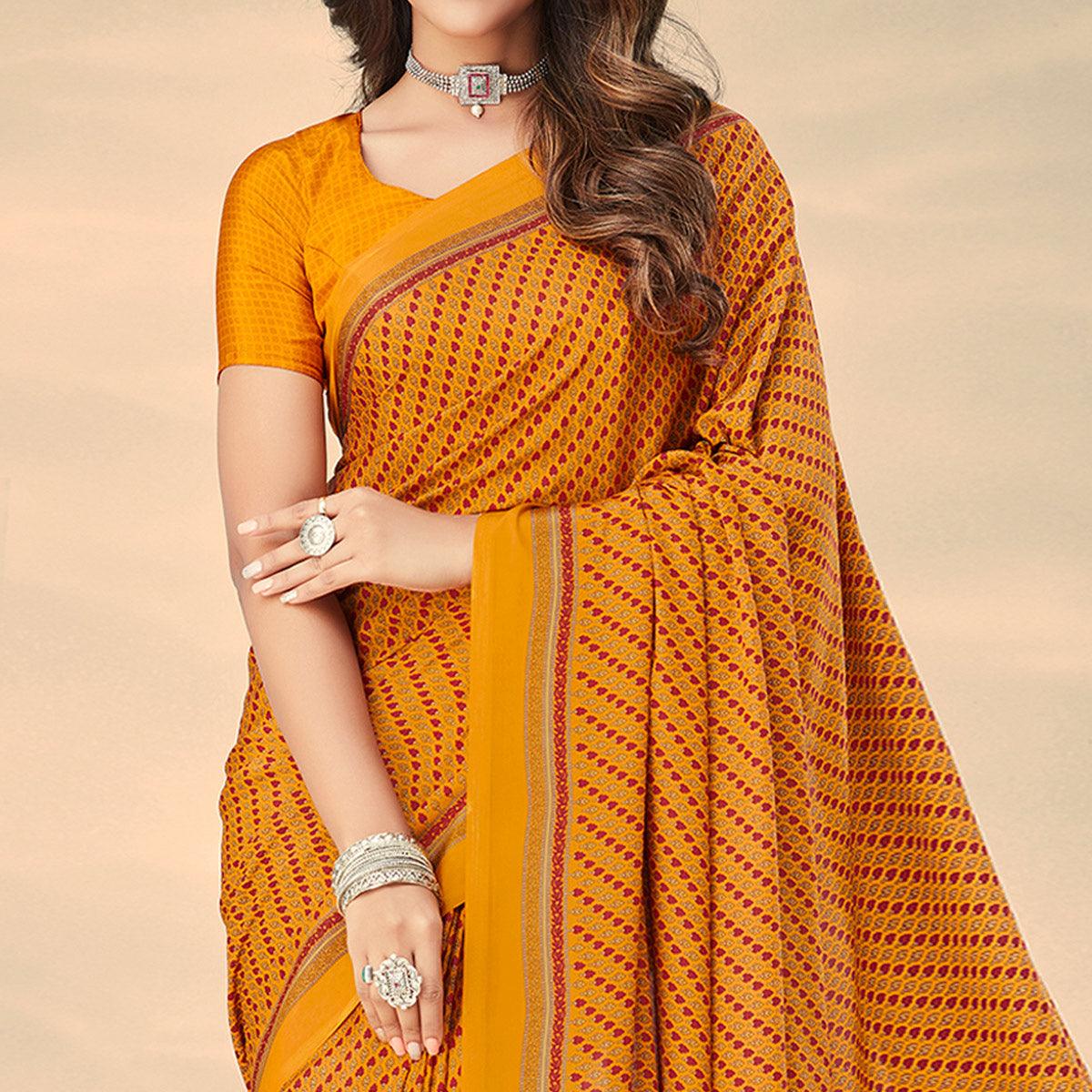 Mustard Printed Crepe Saree - Peachmode