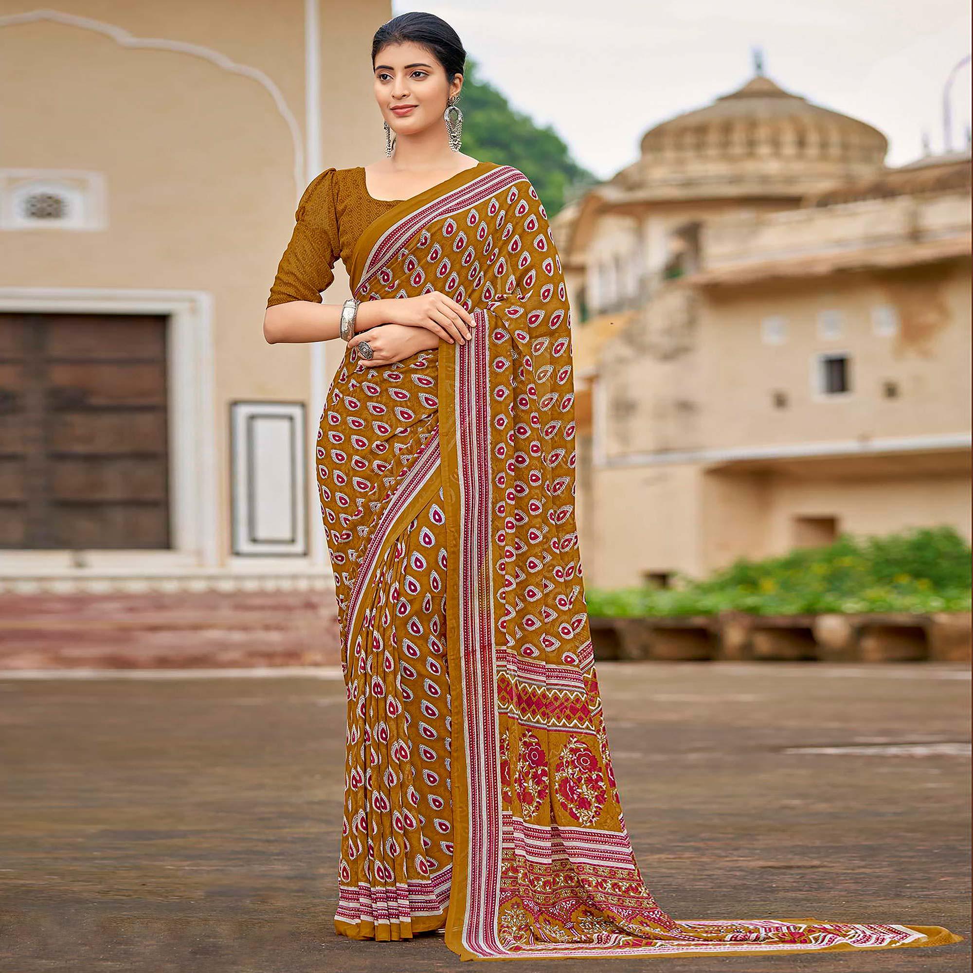 Mustard Printed Georgette Saree - Peachmode