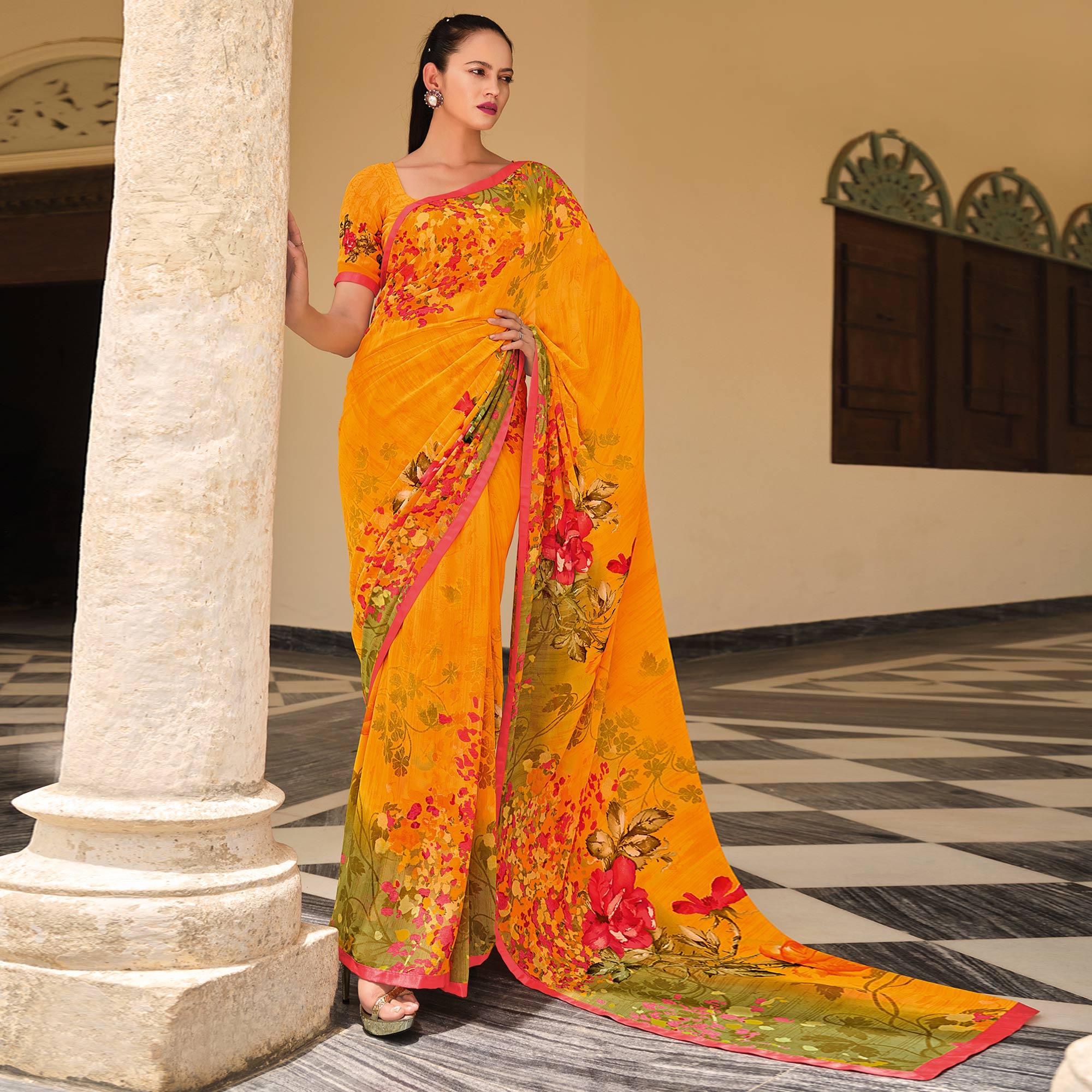 Mustard Printed Georgette Saree - Peachmode