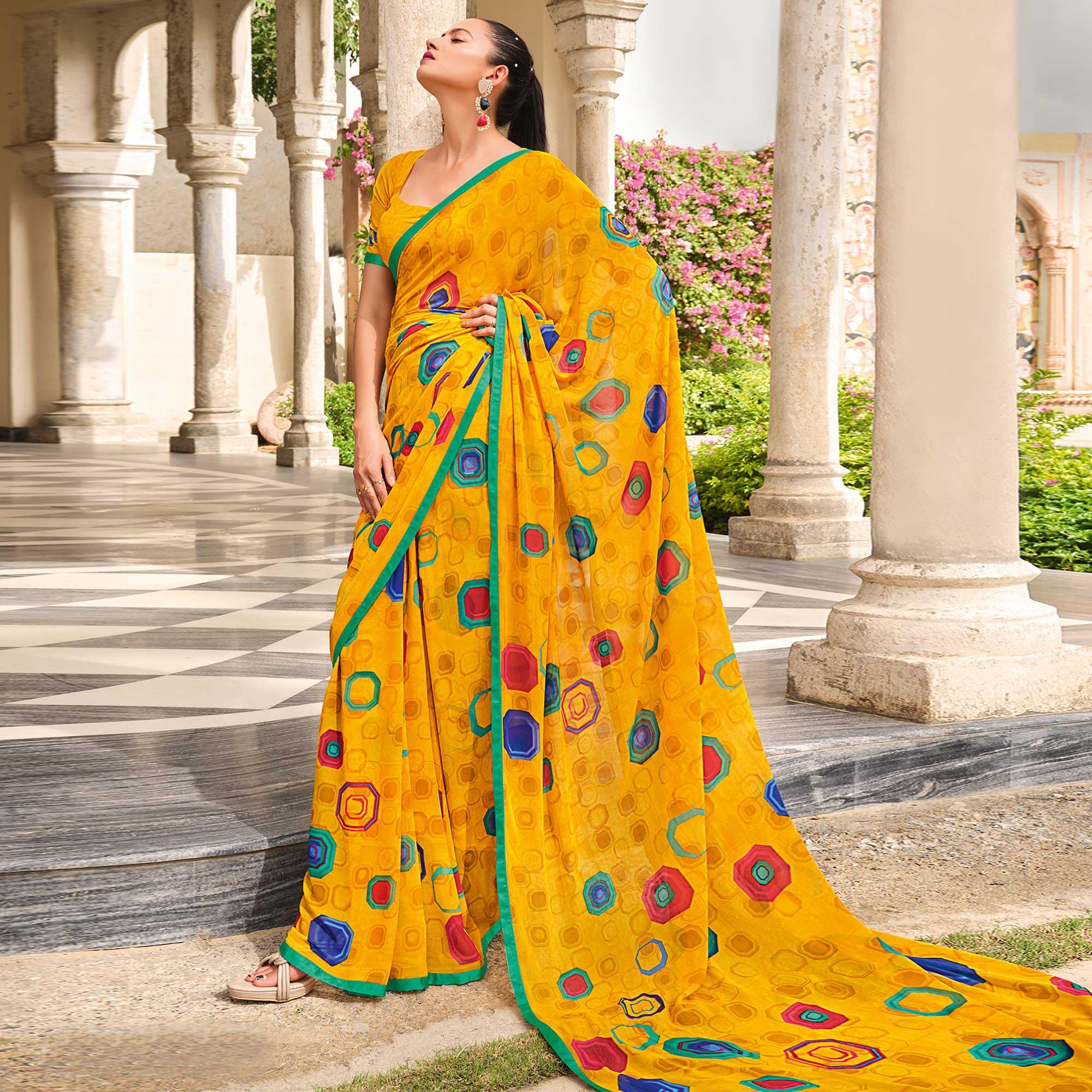 Mustard Printed Georgette Saree - Peachmode