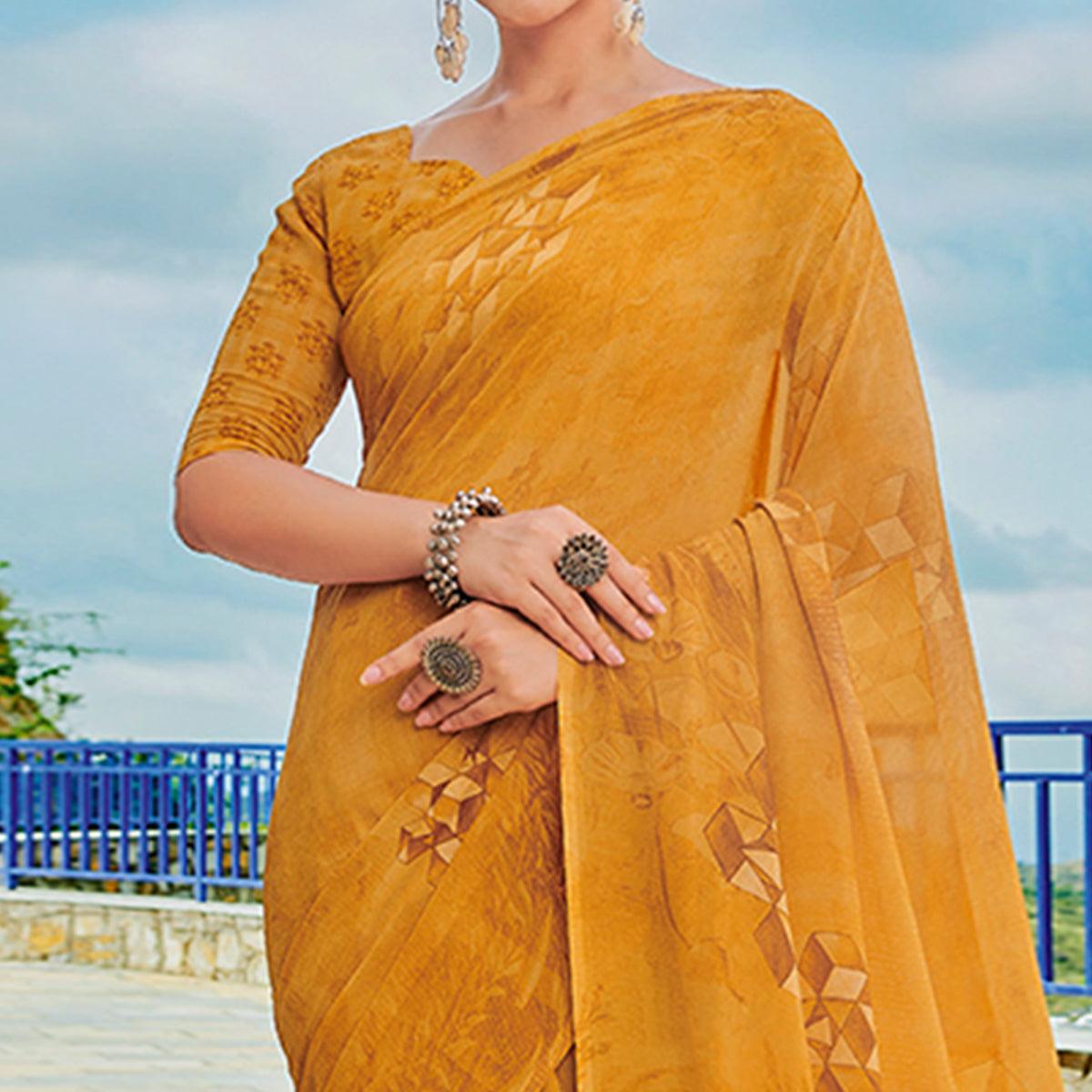 Mustard Printed Georgette Saree - Peachmode