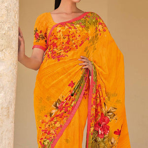 Mustard Printed Georgette Saree - Peachmode