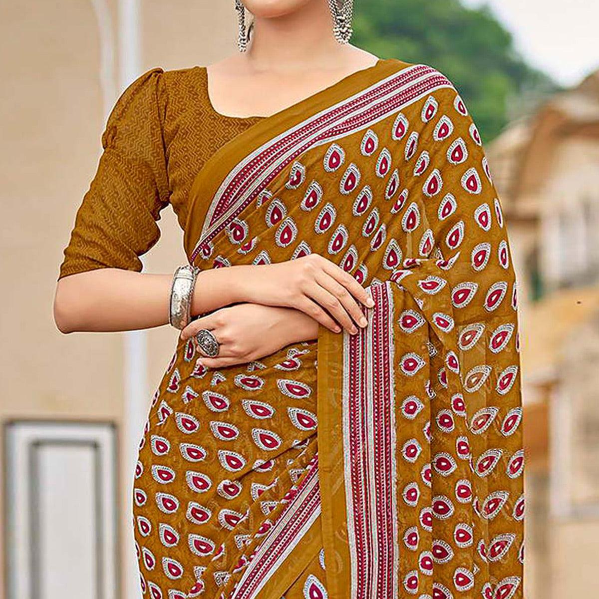 Mustard Printed Georgette Saree - Peachmode