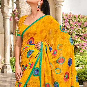Mustard Printed Georgette Saree - Peachmode