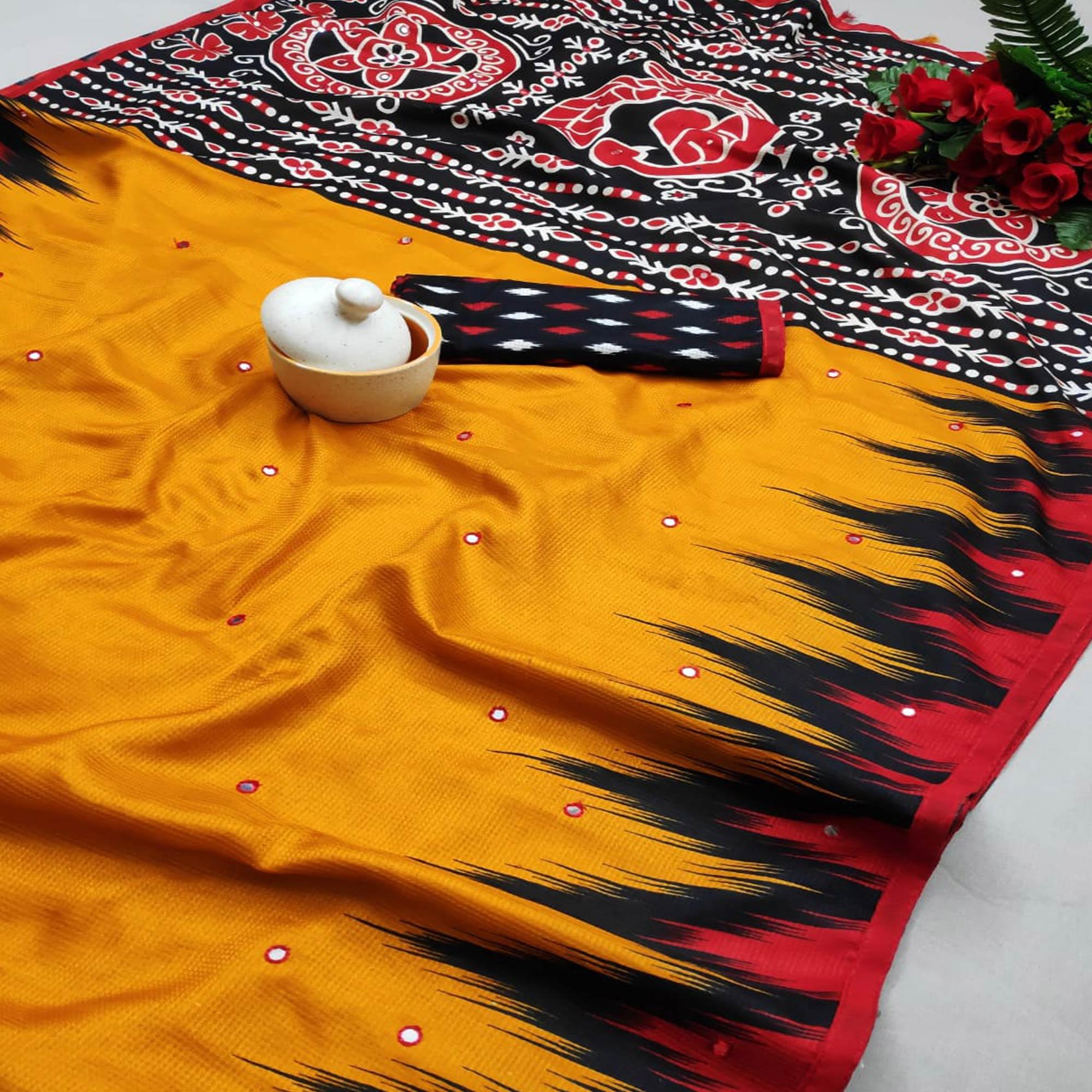 Mustard Printed Jute Saree - Peachmode