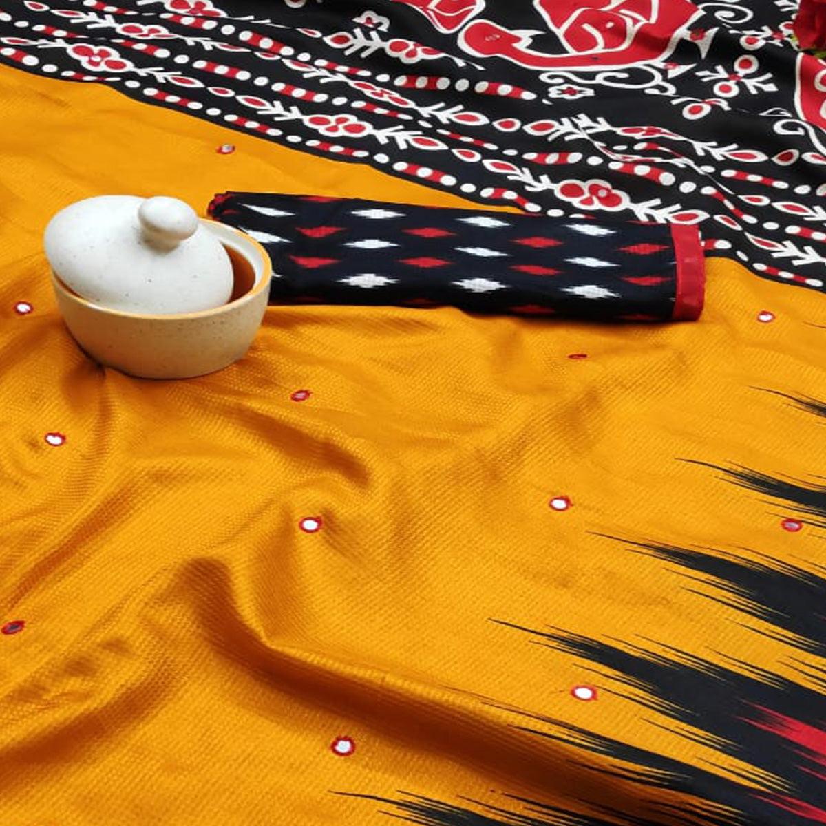 Mustard Printed Jute Saree - Peachmode
