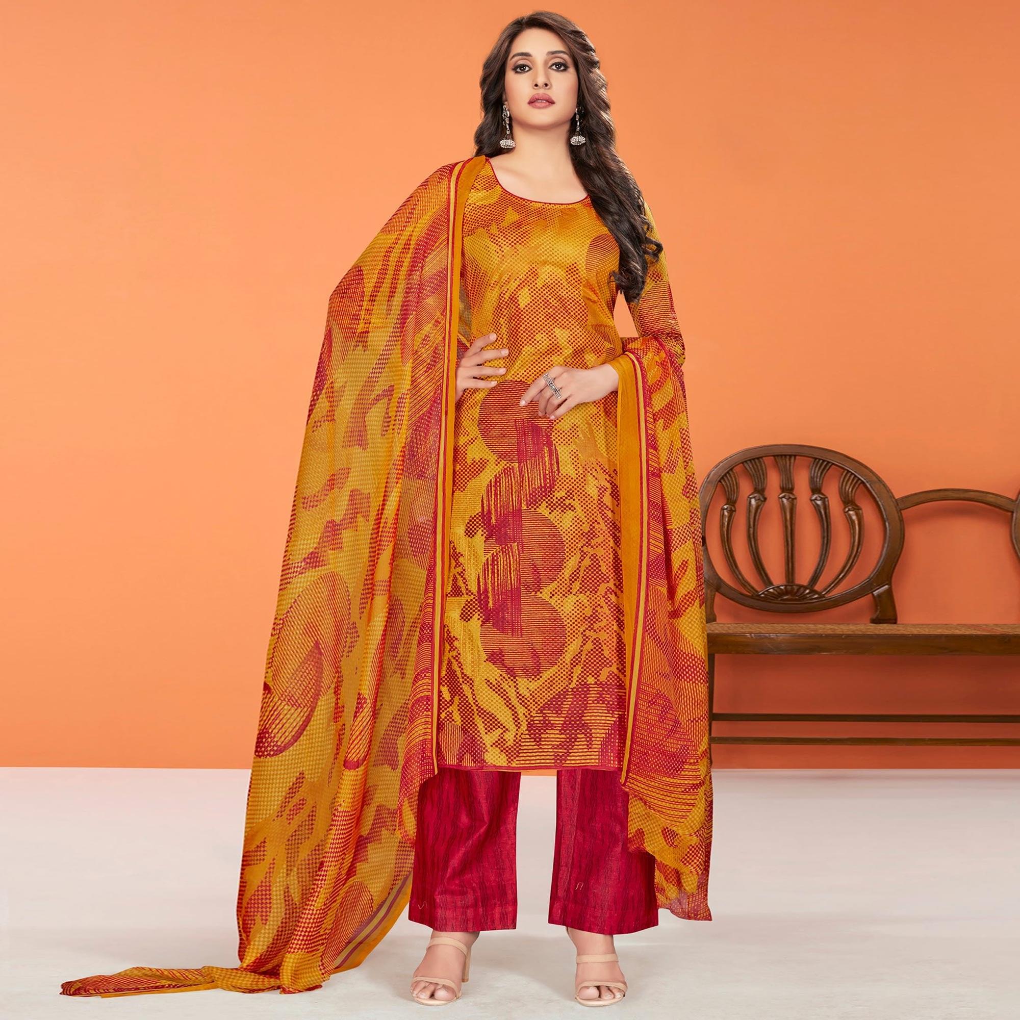 Mustard Printed Poly Cotton Dress Material - Peachmode