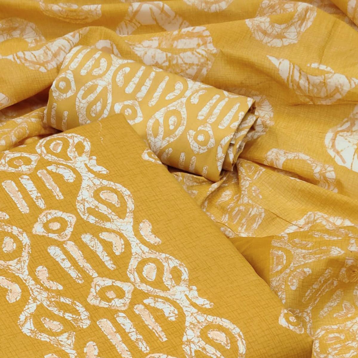 Mustard Printed Poly Cotton Dress Material - Peachmode