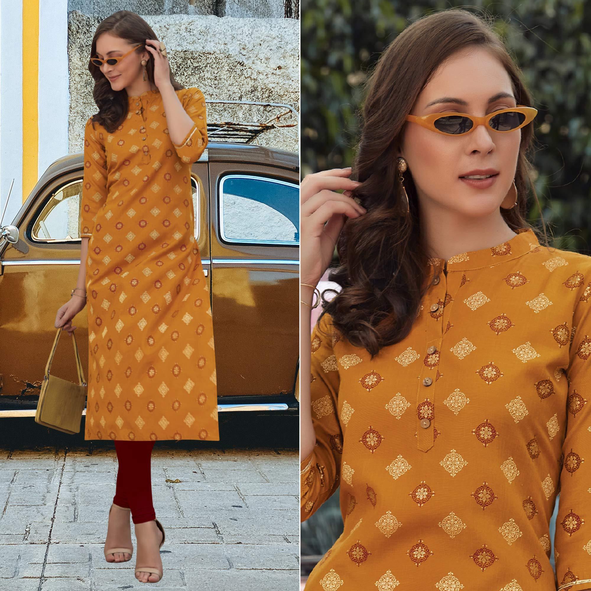 Mustard Printed Poly Cotton Kurti - Peachmode