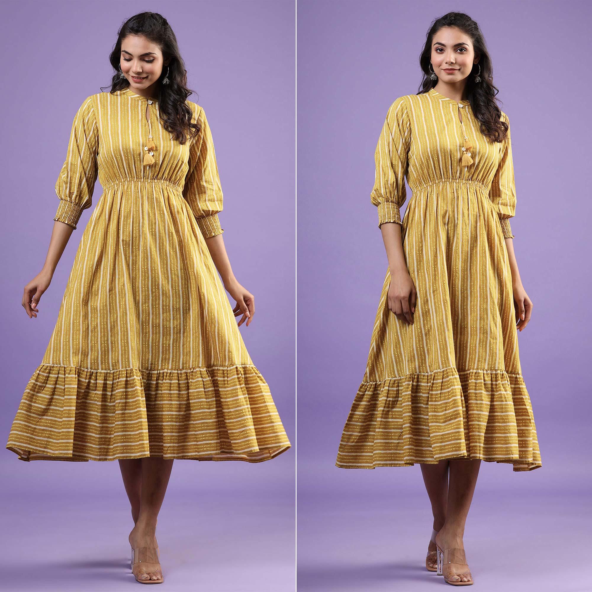 Mustard Printed Pure Cotton Dress - Peachmode
