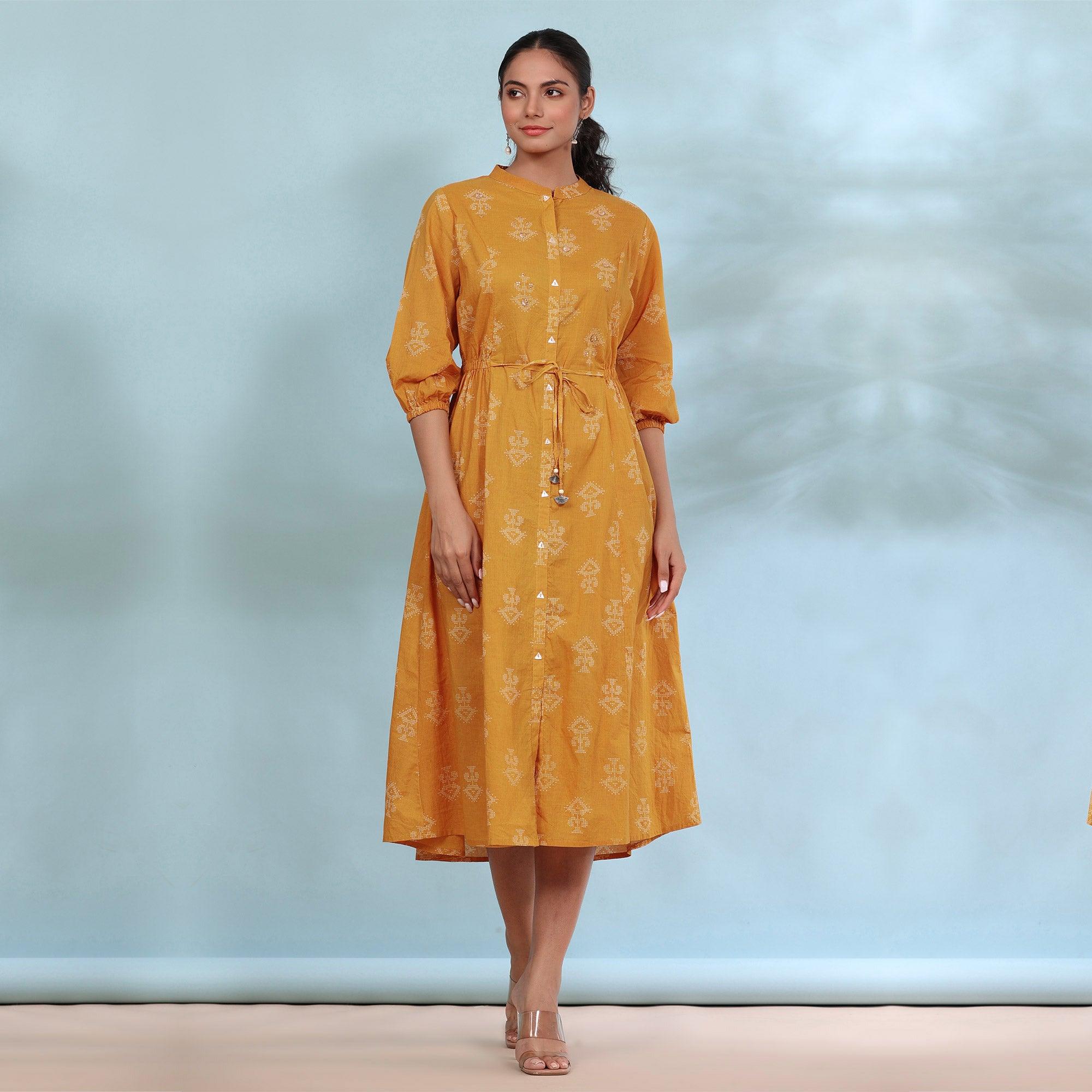 Mustard Printed Pure Cotton Dress - Peachmode