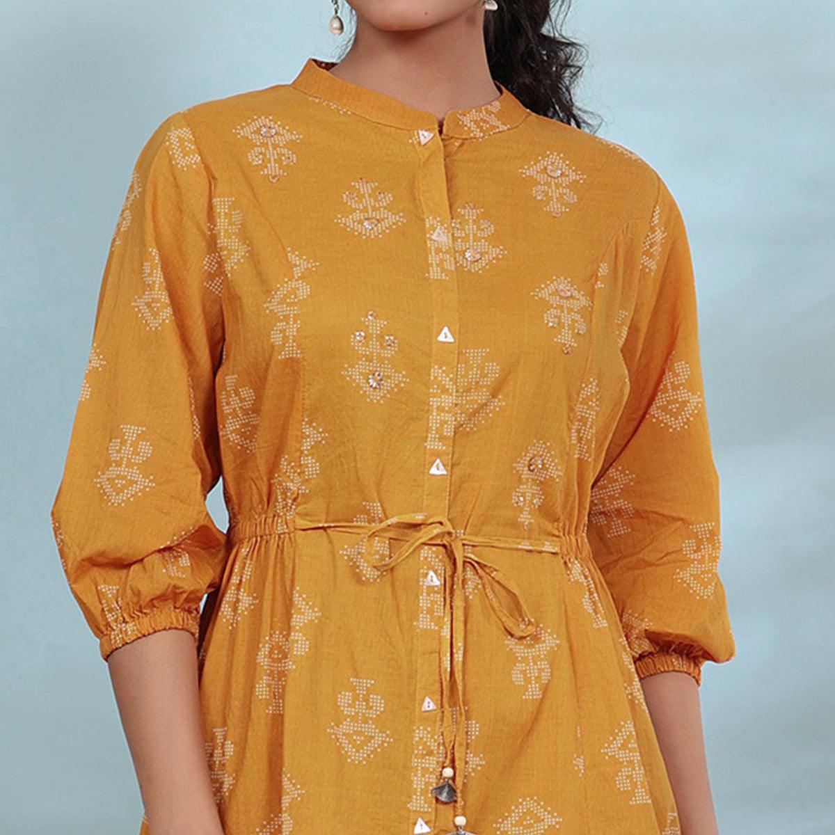 Mustard Printed Pure Cotton Dress - Peachmode