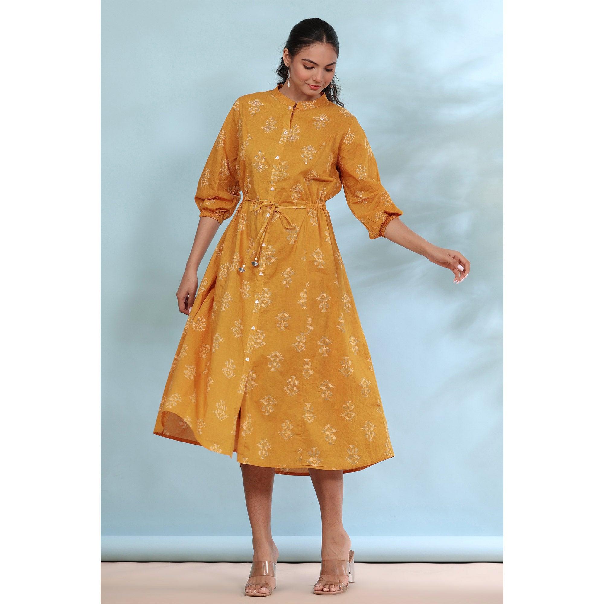 Mustard Printed Pure Cotton Dress - Peachmode